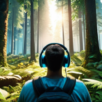 **

A gamer wearing Dolby Atmos headphones, fully immersed in a vibrant, realistic video game environment. The scene should be a first-person perspective of a forest with detailed sound effects: rustling leaves, distant creature noises. Focus on the feeling of being completely surrounded by the game world. Use dynamic lighting to emphasize the immersion.

**