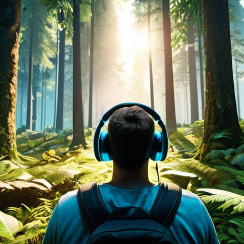 Home 11 **
A gamer wearing Dolby Atmos headphones, fully immersed in a vibrant, realistic video game environment. The scene should be a first-person perspective of a forest with detailed sound effects: rustling leaves, distant creature noises. Focus on the feeling of being completely surrounded by the game world. Use dynamic lighting to emphasize the immersion.
**
