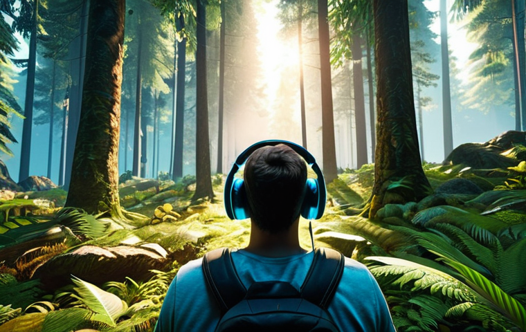 **
A gamer wearing Dolby Atmos headphones, fully immersed in a vibrant, realistic video game environment. The scene should be a first-person perspective of a forest with detailed sound effects: rustling leaves, distant creature noises. Focus on the feeling of being completely surrounded by the game world. Use dynamic lighting to emphasize the immersion.
**