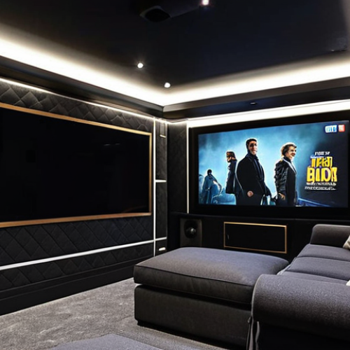 Home 6 **
"A luxurious home theater featuring dark charcoal gray walls, strategically placed acoustic panels covered in a stylish geometric fabric, and soft, ambient LED strip lighting behind a large screen. The room is dimly lit, focusing attention on the screen. Include framed vintage movie posters and comfortable, plush seating."
**