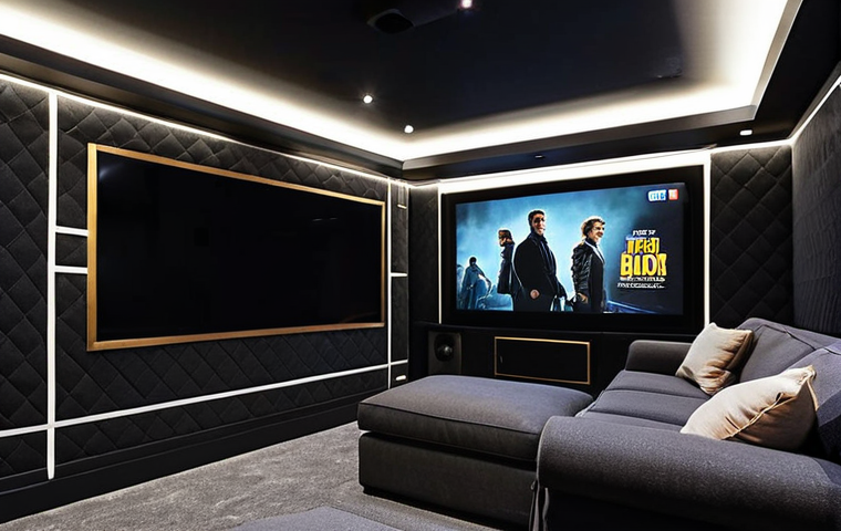 **
"A luxurious home theater featuring dark charcoal gray walls, strategically placed acoustic panels covered in a stylish geometric fabric, and soft, ambient LED strip lighting behind a large screen. The room is dimly lit, focusing attention on the screen. Include framed vintage movie posters and comfortable, plush seating."
**